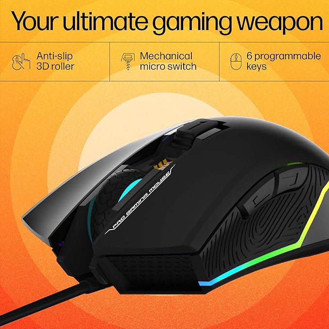 HP G360 RGB Backlighting USB Wired Gaming Mouse with 6 Programmable Buttons, Customizable 6200 DPI, Ergonomic Design, Non-Slip 3D Roller/ 3 Years Warranty (4QM92AA) - Image 4